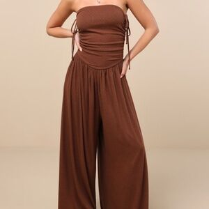 Lulus Halloran Chocolate Brown Pointelle Strapless Wide-leg Jumpsuit - Size XS
